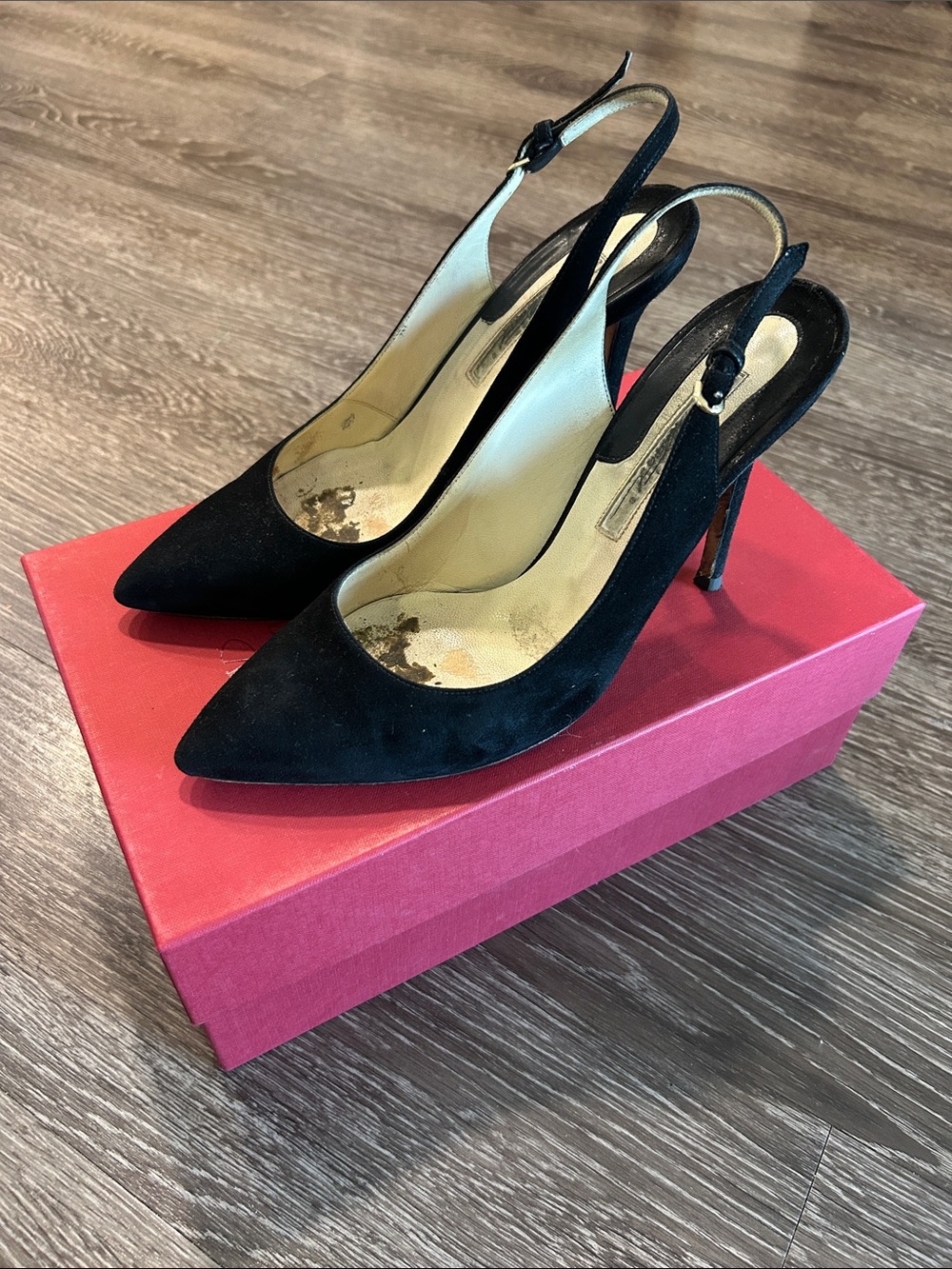 Brian Atwood Black Suede Pointed-Toe Slingback Heels